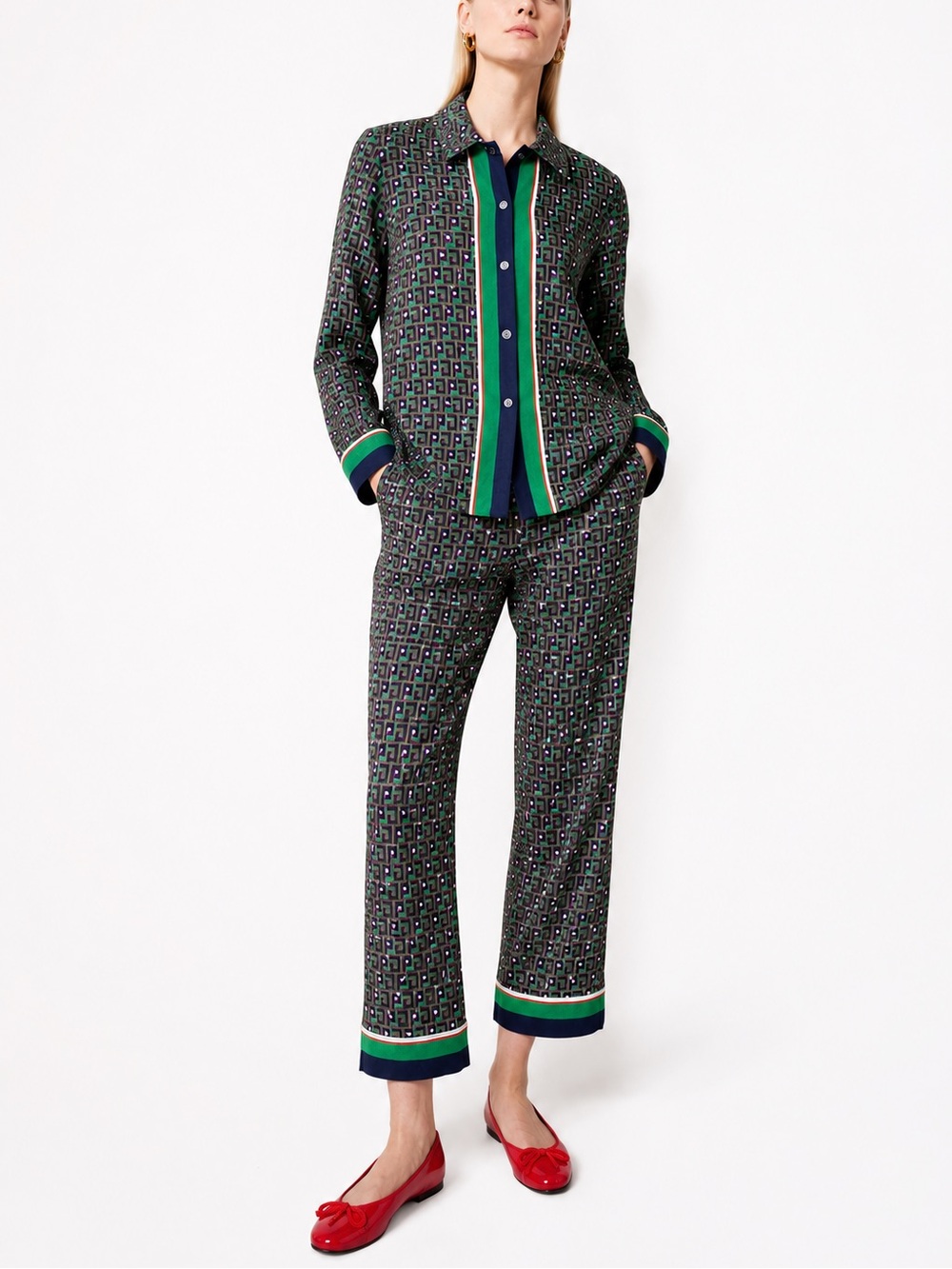 Purificacion Garcia Green Geometric Knit Shirt and Pants Set Cotton Size 36